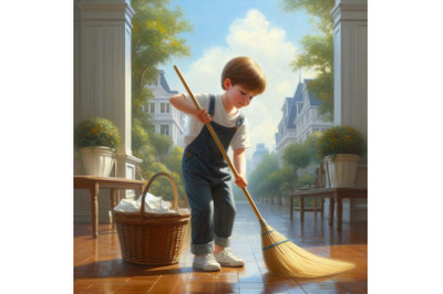 Bundle of A boy diligently sweep floor