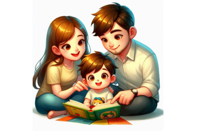 Bundle of Cartoon mother, father and son reading a book together