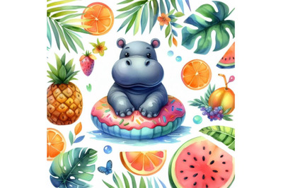 Bundle of tropical summer watercolor hippo