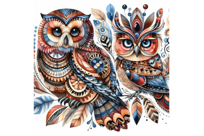 Bundle of Decorative owls. Tribal decoration of wild birds