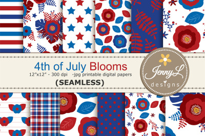 4th of July , Red and Blue Floral SEAMLESS Digital Papers Repeat Patte