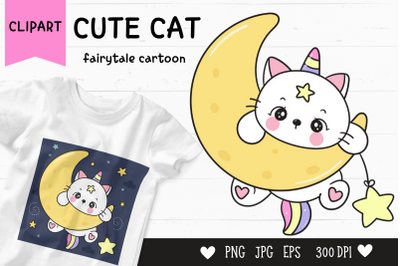 Cute cat cartoon on moon kawaii clipart fairytale kitten