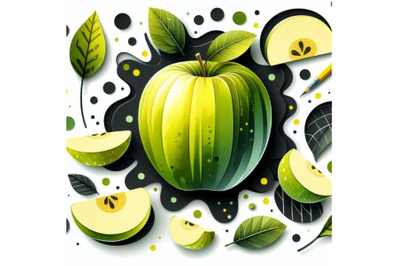 A bundle of Vector paper cut green apple fruit&2C; cut shapes. 3D
