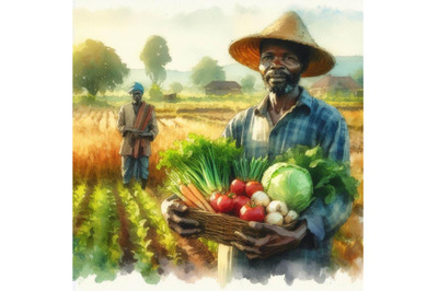 bundle of A farmer stands holding vegetables in his field