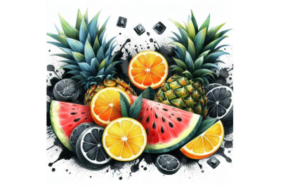 A bundle of abstract fruit splash. Pineapple, watermelon and citrus sl