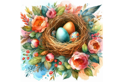 Bundle of watercolor art bird nest with eggs