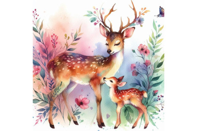 Bundle of Mother and Baby Deer Watercolor Love Family