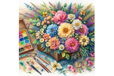 Bundle of Watercolor flowers wooden box