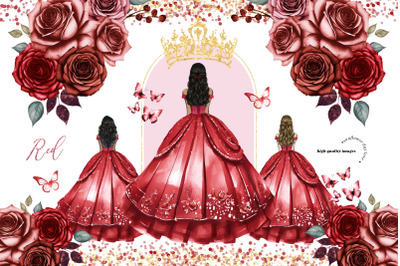 Princess Red Dress Butterfly Roses Clipart, Red Flowers watercolor