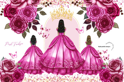 Princess Pink Fuchsia Dress Butterfly Rose Floral Clipart