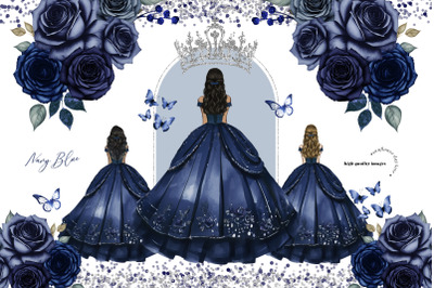 Navy Blue Princess Dress Butterfly Floral Clipart