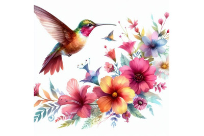 Bundle of Hummingbird flying around Flowers