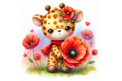 Bundle of Cute Teddy Giraffe Holding a Red Poppy