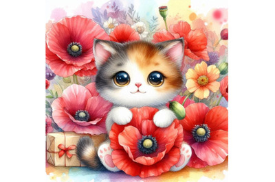 Bundle of Cute Cat Holding a Red Poppy