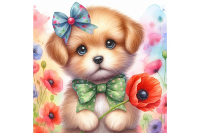 Bundle of Cute Dog Holding a Red Poppy