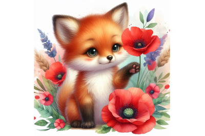 Bundle of Cute Fox Holding a Red Poppy