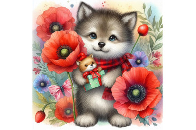 Bundle of Cute Wolf Holding a Red Poppy