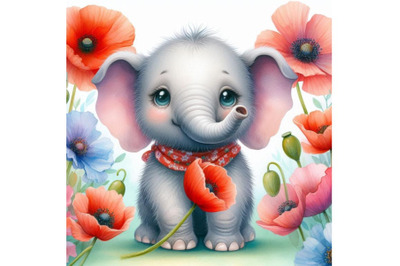 Bundle of Cute Elephant Holding a Red Poppy