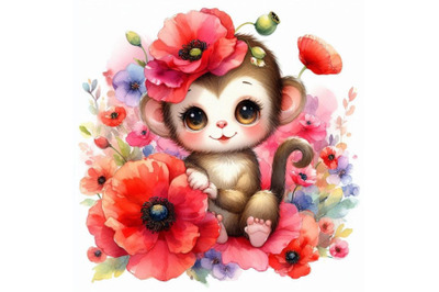 Bundle of Cute Monkey Holding a Red Poppy