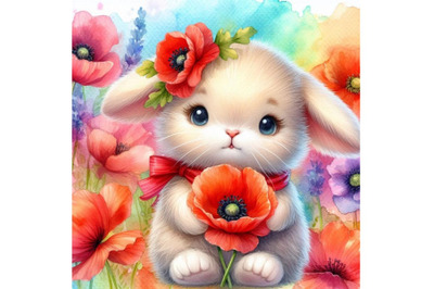 Bundle of Cute Bunny Holding a Red Poppy