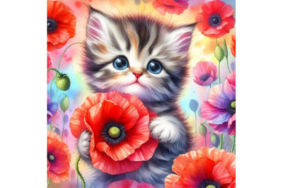 Bundle of Cute kitten Holding a Red Poppy