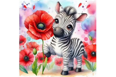 Bundle of Cute Zebra Holding a Red Poppy