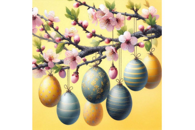 Bundle of Easter eggs hanging on plum branch