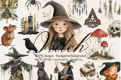 80 Watercolor Fantasy Witch PNG Clip Arts