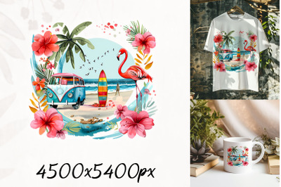 Retro Beach with Flamingos and Van