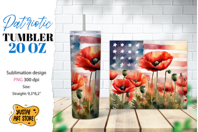 Patriotic tumbler. American flag and poppy flowers design