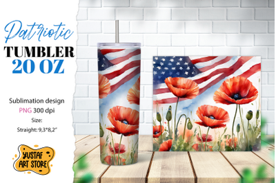 Patriotic tumbler. American flag and poppy flowers design