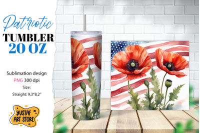 Patriotic tumbler. American flag and poppy flowers design