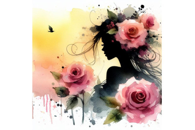 Bundle of Beautiful girl silhouette with rose