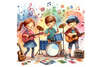 A set of kids playing guitar, drums and singing