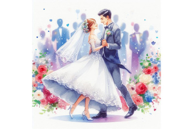 A set of cartoon bride and groom first dance wedding