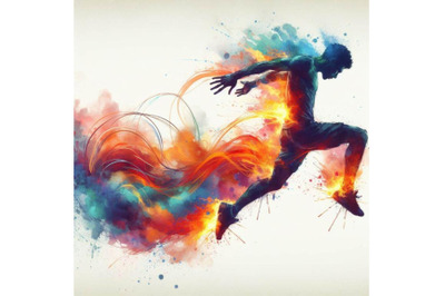 A set of Male athlete jumping with abstract flaming trail silhouette