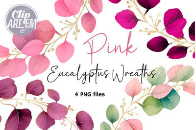 Pink Green Eucalyptus Wreaths Clip Art Greenery 4 PNG images Set