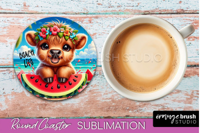 Highland Cow Coaster Sublimation - Beach Round Coaster PNG