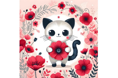 A set of Cute Cat Holding a Red Poppy