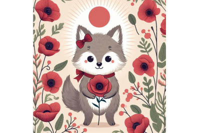 A set of Cute fox holding flower