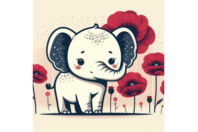 A set of Cute Elephant Holding a Red Poppy