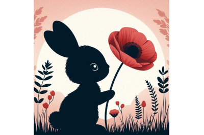 Bundle of Cute Bunny Holding a Red Poppy