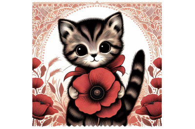 Bundle of Cute kitten Holding a Red Poppy