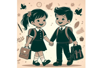 Bundle of Two happy kids going to school