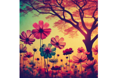 Bundle of Colorful retro flowers and tree