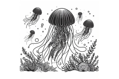 Bundle of Jellyfish line art style. Hand drawn