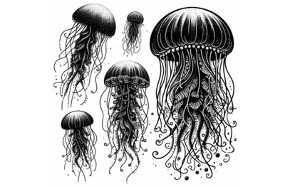 Bundle of Hand drawn vector jellyfish. Sea marine animal collection