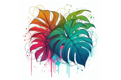 Bundle of Abstract line art of tropical monstera with color splats