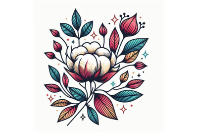 Bundle of colorful line art decoration of cotton flower with leaves