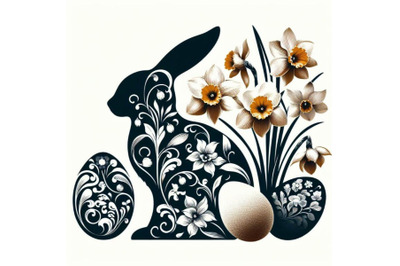 Bundle of Abstract bunny, eggs, blooming narcissus flower